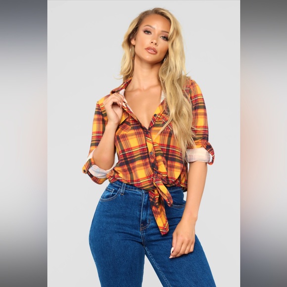 Fashion Nova Mustard Plaid Tie Knot Button Up Top - Picture 1 of 13